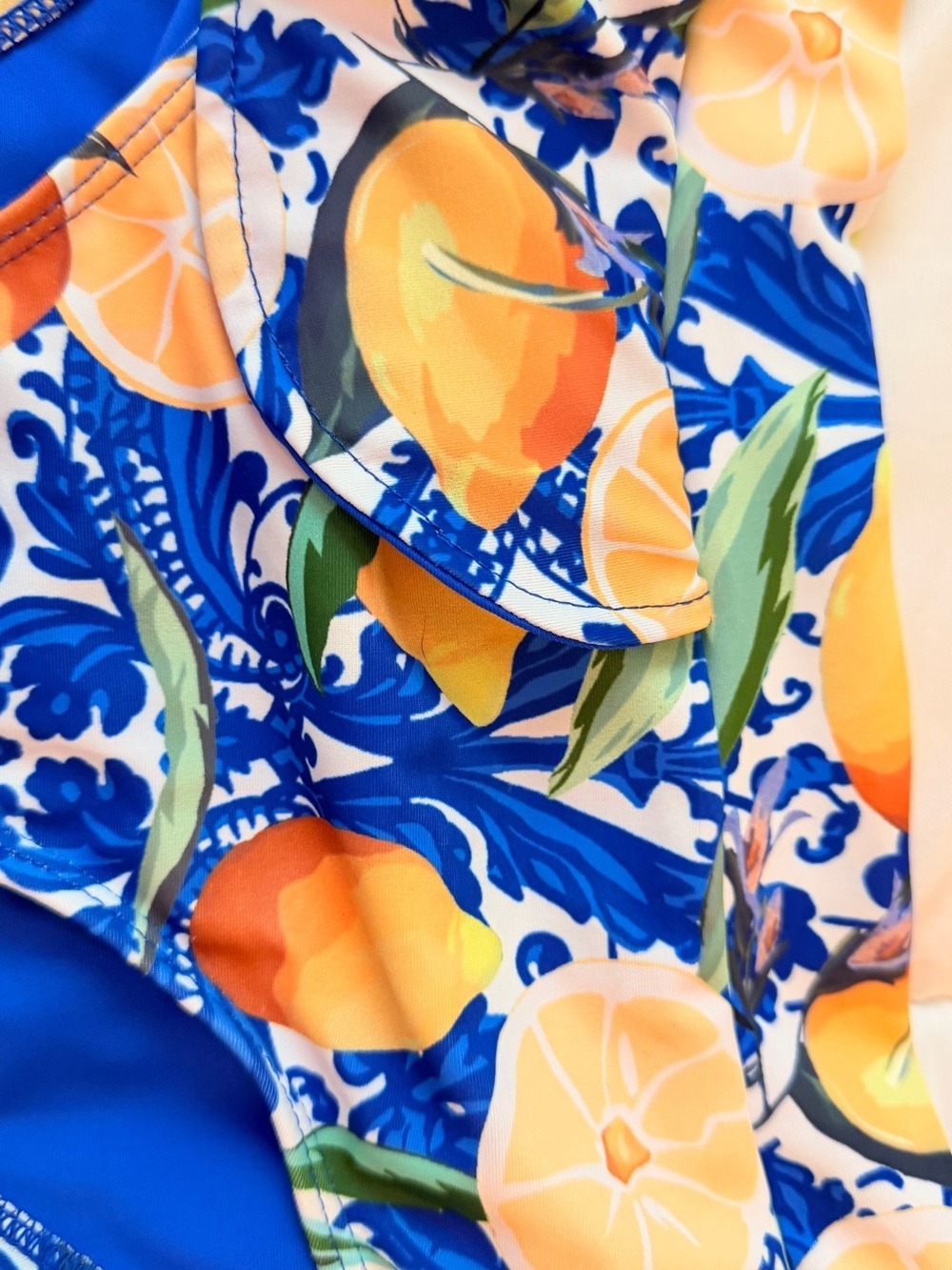 NWOT Women’s Blue Citrus Print Ruffle Two-Piece Swim Set - Picture 3 of 7